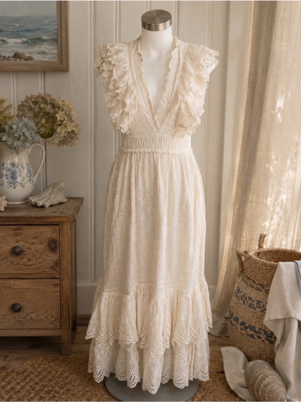 Ulla Johnson Eyelet Lace Ruffled Maxi Dress s